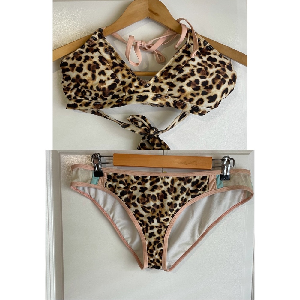 Cheetah print, baby blue, and baby pink bikini set